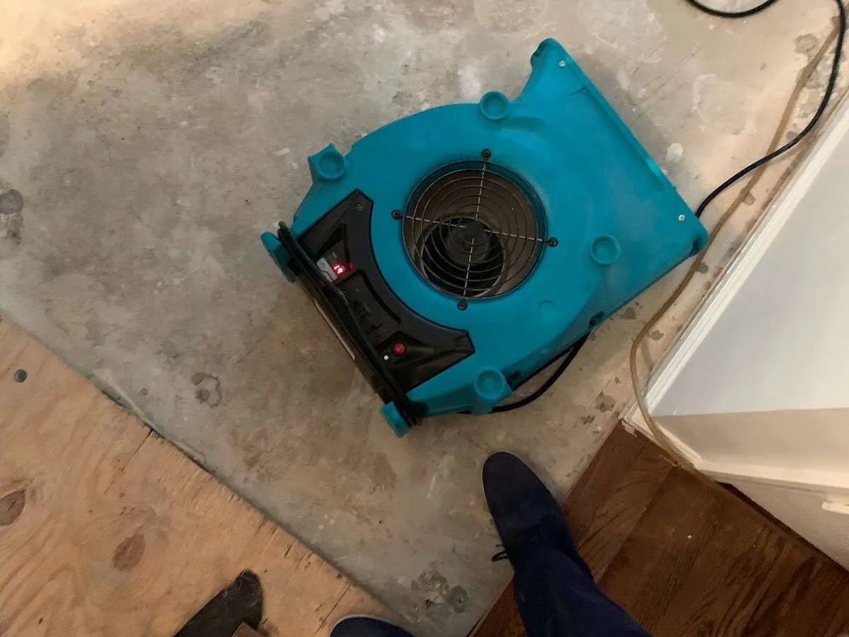 Air mover drying subfloor during Commercial Water Damage Restoration in Suisun City